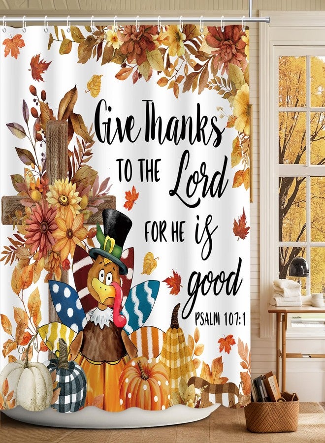 ميهوفوند ستارة حمام MEHOFOND لعيد الشكر السعيد، اشكروا الرب لأنه صالح، ستارة حمام خريفية لعيد الشكر، مزينة برسومات ديك رومي، ديكور منزلي بنقشة اليقطين، قماش مقاوم للماء، 72 × 72 بوصة - Image 1