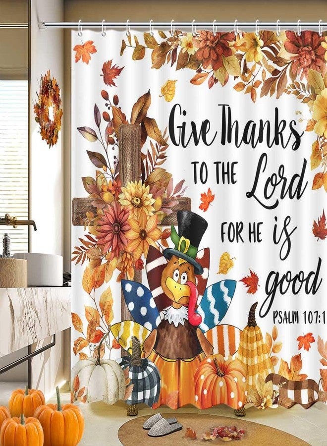 ميهوفوند ستارة حمام MEHOFOND لعيد الشكر السعيد، اشكروا الرب لأنه صالح، ستارة حمام خريفية لعيد الشكر، مزينة برسومات ديك رومي، ديكور منزلي بنقشة اليقطين، قماش مقاوم للماء، 72 × 72 بوصة - Image 2