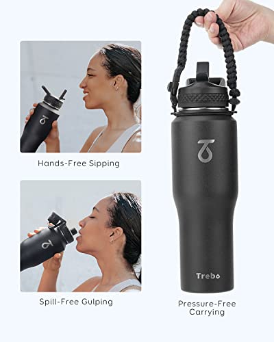 Trebo 32 oz Water Bottle Insulated Fit in Any Car Cup Holder,Triple Wall Vacuum Stainless Steel Water Bottles (Keep Cold for 48 Hrs),Leakproof Tumbler Flask with Paracord Handle,Straw Spout Lids - Image 4