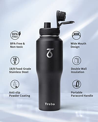 Trebo 32 oz Water Bottle Insulated Fit in Any Car Cup Holder,Triple Wall Vacuum Stainless Steel Water Bottles (Keep Cold for 48 Hrs),Leakproof Tumbler Flask with Paracord Handle,Straw Spout Lids - Image 5