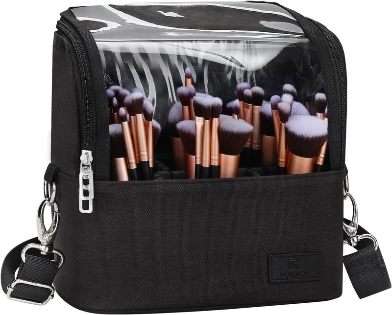 TANTO Makeup Brush Case Stand-up Makeup Cup Makeup Brush Holder Travel Professional Cosmetic Bag Artist Storage Bag with Shoulder Strap and Adjustable Divider (large black) - Image 1