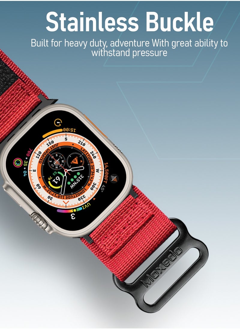 Moxedo - Moxedo MX23 Rugged Strap Breathable Nylon Braided Sports Band Compatible with Apple Watch Band Series 8/7/6/5/4/3/2/1/SE Ultra Woven Loop Design for 44mm/45mm/49mm - Red - Image 1