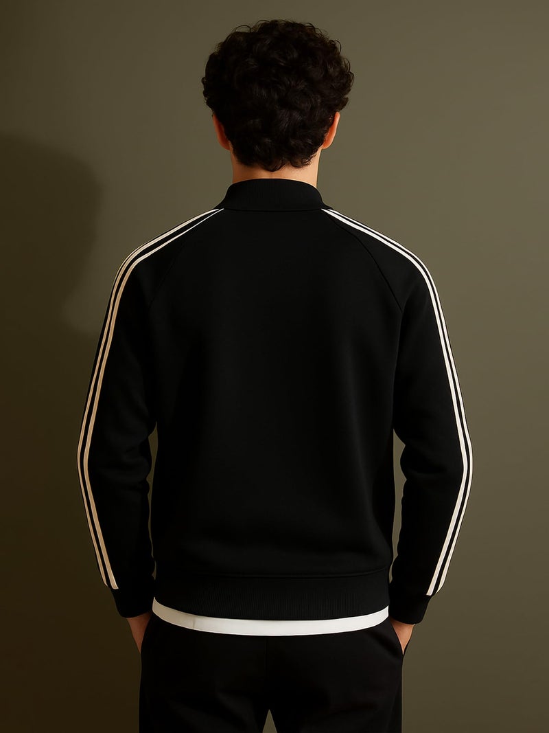 Jump Cuts Mens Color Block Sleeve Tape High Neck Full Sleeve Black and White Fleece Jacket - Image 3