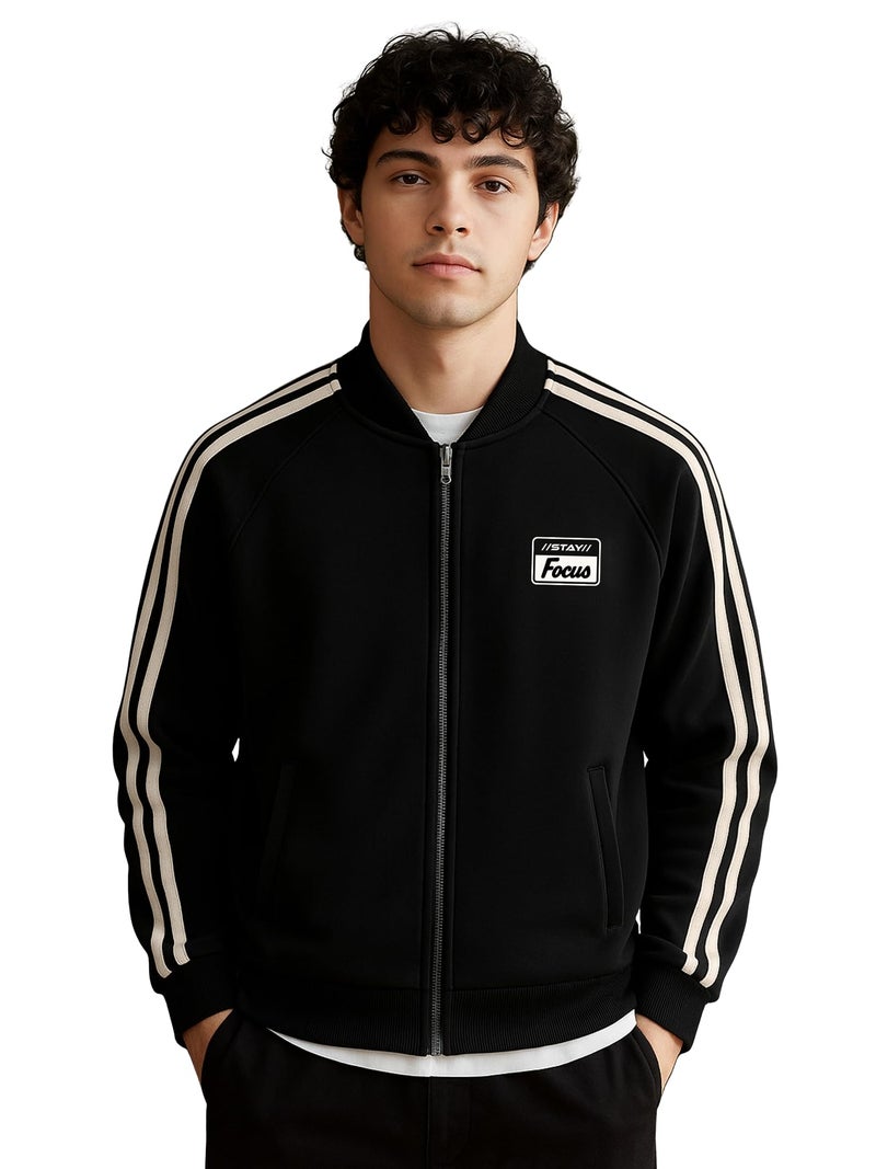 Jump Cuts Mens Color Block Sleeve Tape High Neck Full Sleeve Black and White Fleece Jacket - Image 1
