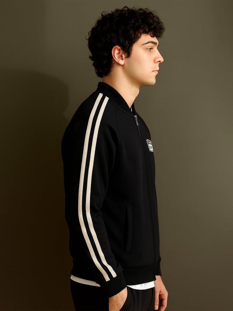 Jump Cuts Mens Color Block Sleeve Tape High Neck Full Sleeve Black and White Fleece Jacket - Image 2