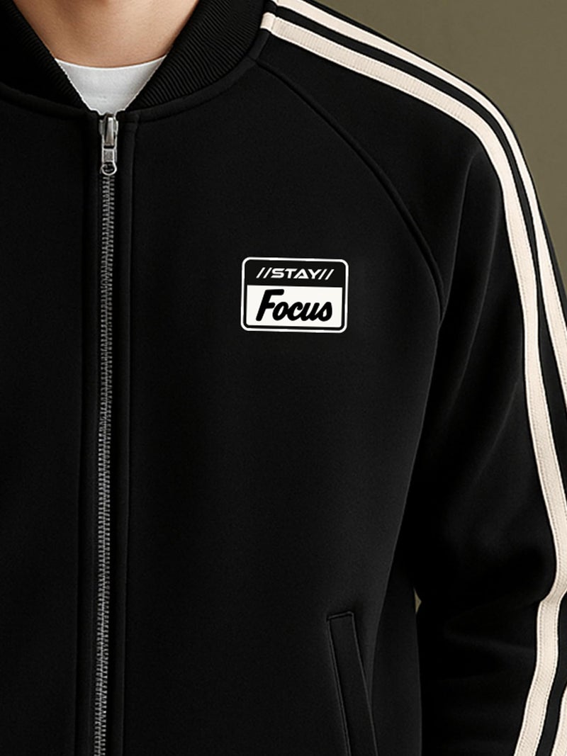 Jump Cuts Mens Color Block Sleeve Tape High Neck Full Sleeve Black and White Fleece Jacket - Image 4