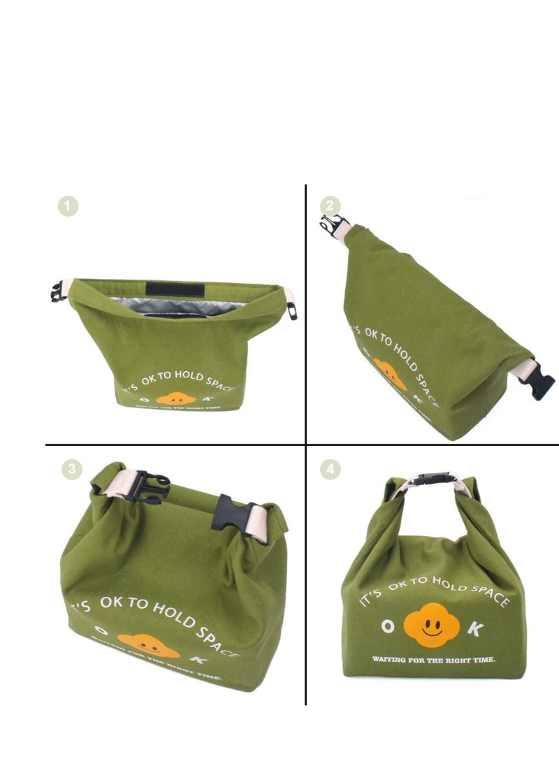 SYOSI - Reusable Lunch Bag Insulated Handbag Smile Tote bag with Handle for Women Work Picnic or Travel (Olive Green) - Image 1