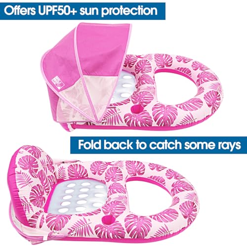 COOLCOOLDEE Pool Lounge Float with Canopy UPF50+,Extra Large Pool Floats for Adults Heavy Duty,Inflatable Lounger Float with Cup Holder & Backrest,Footrest(Pink) - Image 4