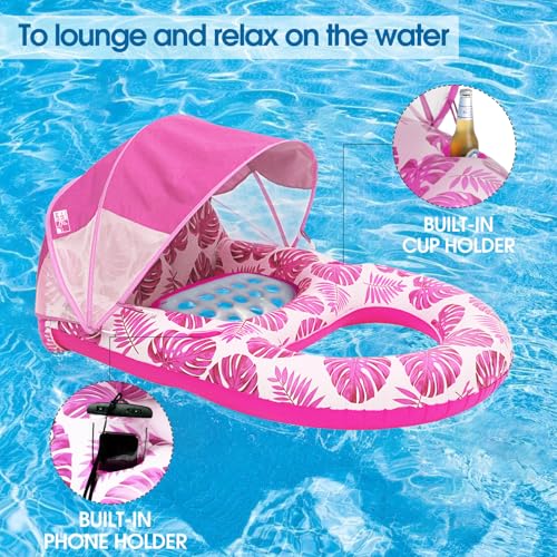 COOLCOOLDEE Pool Lounge Float with Canopy UPF50+,Extra Large Pool Floats for Adults Heavy Duty,Inflatable Lounger Float with Cup Holder & Backrest,Footrest(Pink) - Image 5
