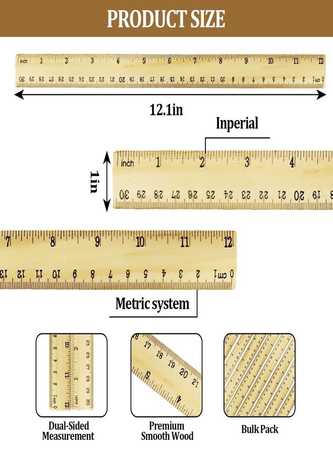 smrtcol Wooden Ruler 12 Inch Bulk Dual-Sided Inches & Metric Measuring Stick for Classroom, Office, School for Teachers, Students, Artists (10 Pack) - Image 2