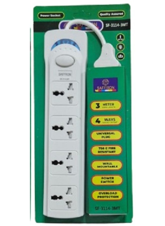 Extension Socket – 4 Way – 3 Meter Cable – With Switch & Overload Protection