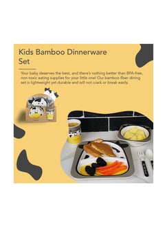 Excefore Bamboo Kids Plate and Bowl Set | Matching Dishes for Toddlers Ages 1+ | 5 Piece Divided Dinnerware Set Includes Plate, Bowl, Cup & Utensils | Reusable, BPA Free & Dishwasher Safe Toddler Set(Cow)  - Image 4