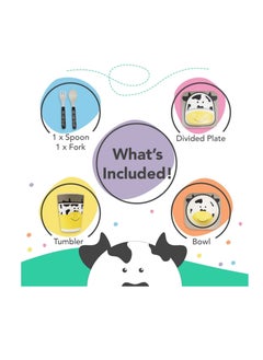 Excefore Bamboo Kids Plate and Bowl Set | Matching Dishes for Toddlers Ages 1+ | 5 Piece Divided Dinnerware Set Includes Plate, Bowl, Cup & Utensils | Reusable, BPA Free & Dishwasher Safe Toddler Set(Cow)  - Image 5