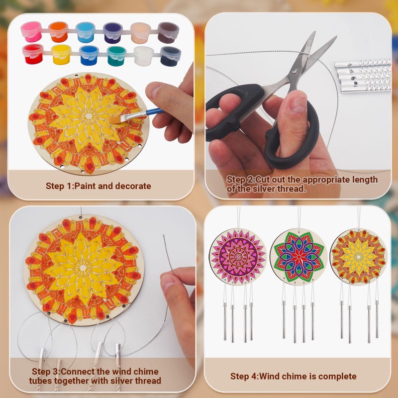 24 مجموعة من دقات الرياح ماندالا للأطفال DIY من الخشب للتعليق على الزخارف السائبة والرسم الحرفي وتلوين دقات الرياح الخاصة بك من ماندالا للأطفال هدايا المدرسة والمنزل والحفلات وديكور المشروع - Image 3