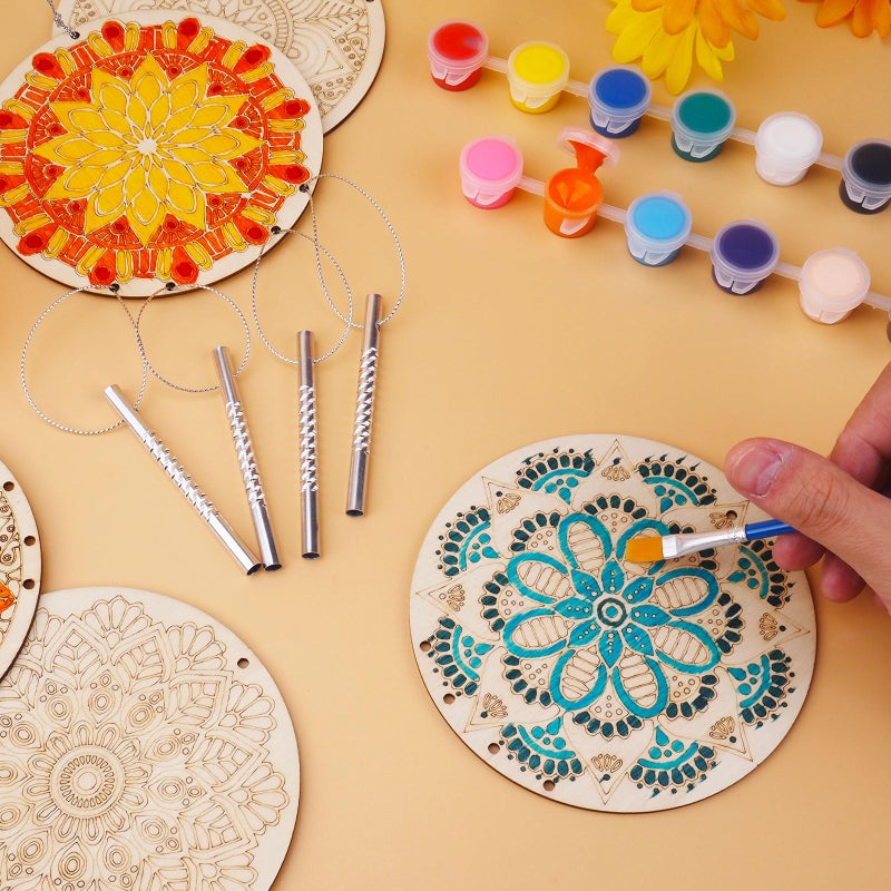 24 مجموعة من دقات الرياح ماندالا للأطفال DIY من الخشب للتعليق على الزخارف السائبة والرسم الحرفي وتلوين دقات الرياح الخاصة بك من ماندالا للأطفال هدايا المدرسة والمنزل والحفلات وديكور المشروع - Image 4