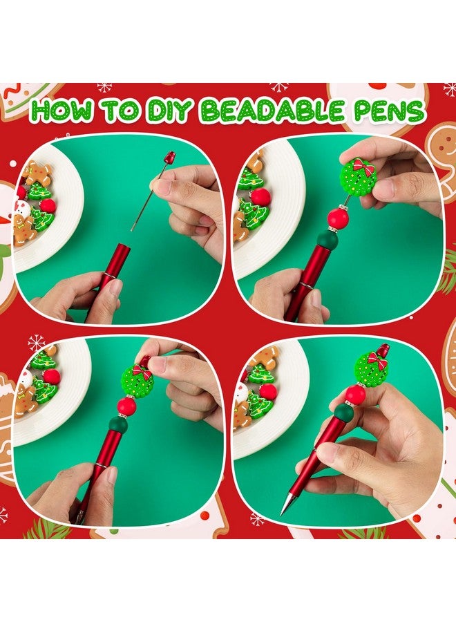FFNIU 12 Pcs Christmas Beadable Pens, Plastic Bead Pens, Silicone Bead Pens, Snowmen Santa Gingerbread Bead Ballpoint Pen for Office School Women Kids Students Present - Image 3