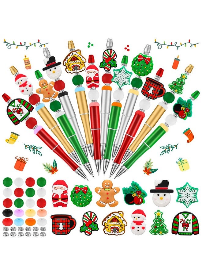 FFNIU 12 Pcs Christmas Beadable Pens, Plastic Bead Pens, Silicone Bead Pens, Snowmen Santa Gingerbread Bead Ballpoint Pen for Office School Women Kids Students Present - Image 1