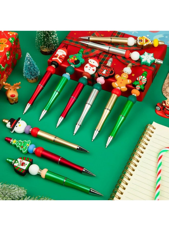 FFNIU 12 Pcs Christmas Beadable Pens, Plastic Bead Pens, Silicone Bead Pens, Snowmen Santa Gingerbread Bead Ballpoint Pen for Office School Women Kids Students Present - Image 2