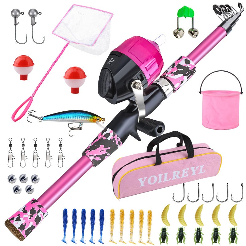 Yoilreyl Collapsible Telescopic Fishing Rod and Reel Combo Push Button Small Fishing Pole Kit Beginner Youth Girls Fishing Starter Set Tackle Casting Rod 492FT Pink - Image 2