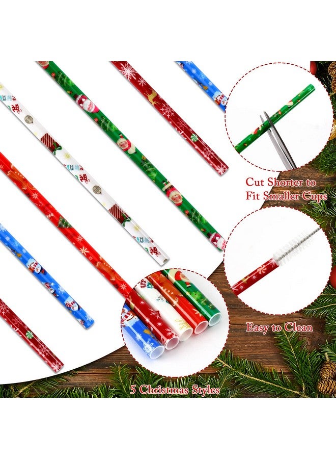 JANYUN 30 Pieces Christmas Drinking Straws BPA-Free 9inch Printing Hard Plastic Reusable Straws Xmas Balls Snowflake Elk Straw for Family Party Favors Supplies Cleaning Brush - Image 3