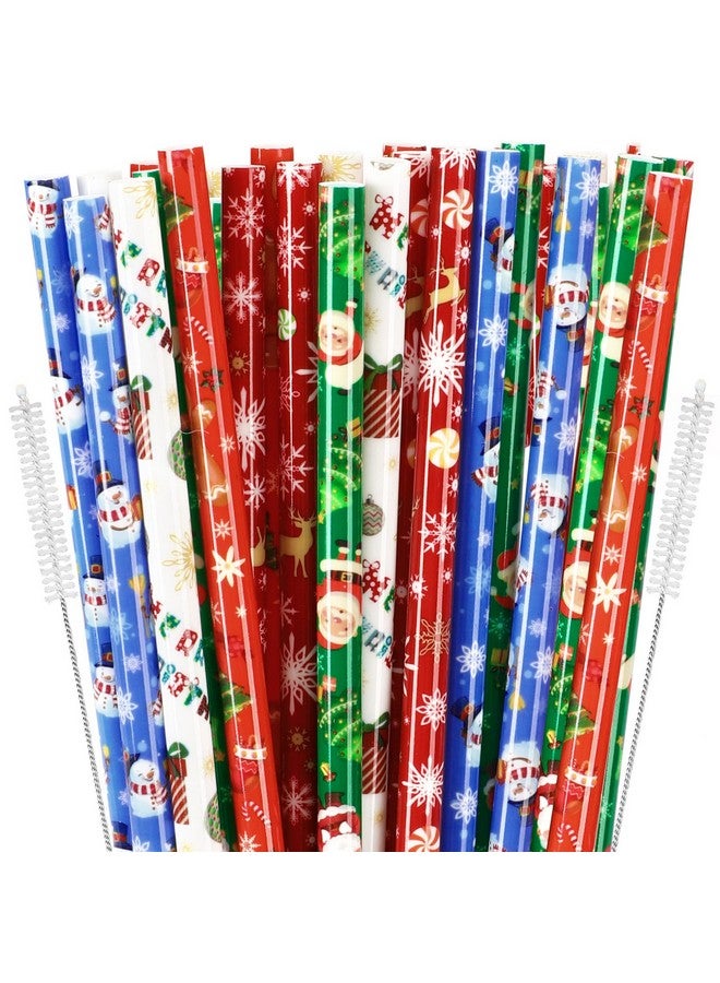 JANYUN 30 Pieces Christmas Drinking Straws BPA-Free 9inch Printing Hard Plastic Reusable Straws Xmas Balls Snowflake Elk Straw for Family Party Favors Supplies Cleaning Brush - Image 1