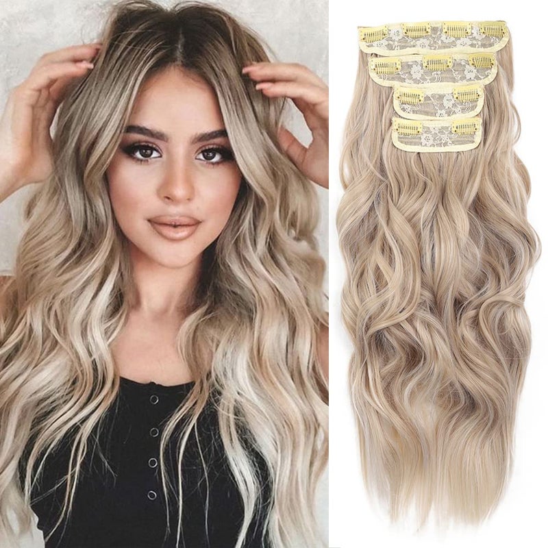 20Inch Long Wavy Hair Extensions Clip ins Synthetic Thick Hair Piece for WomenAsh Blonde Mix Bleach Blonde4PCS
