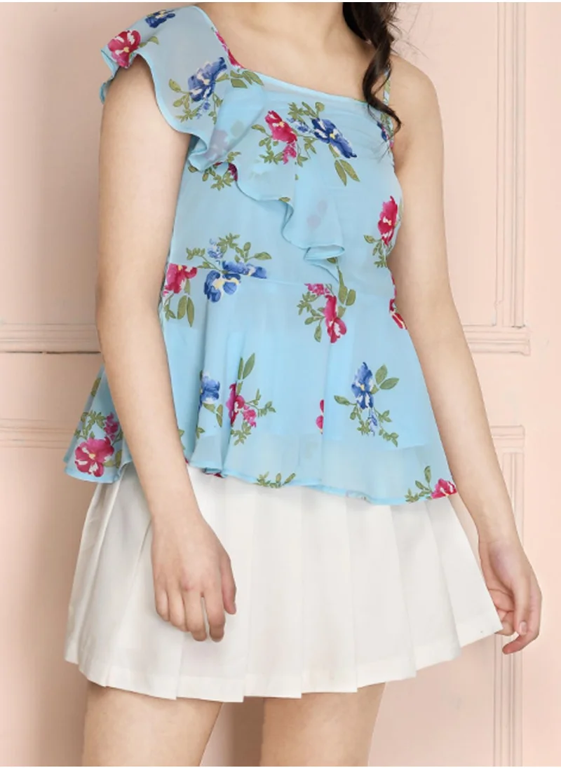 ليل بيكس Light Blue Floral Frill Peplum Top