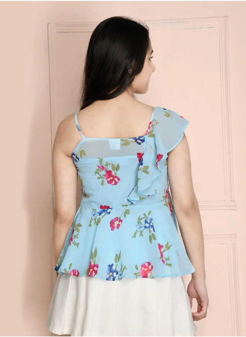 ليل بيكس Light Blue Floral Frill Peplum Top