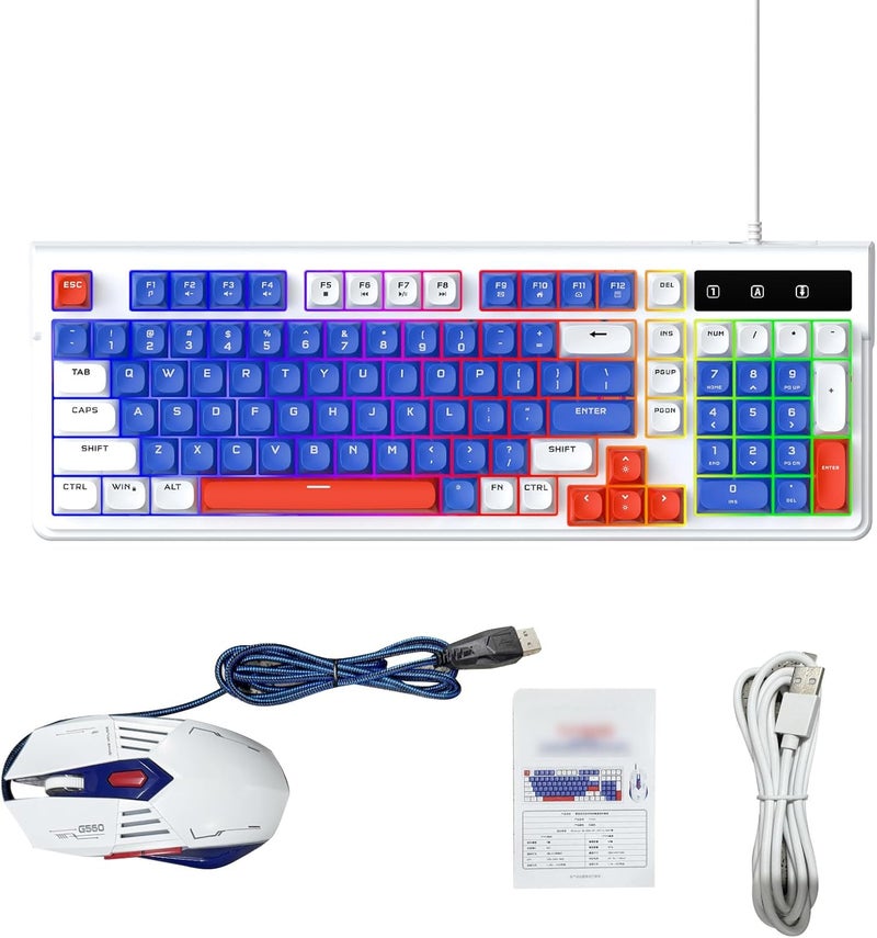 Naroote Wired Gaming Keyboard and Mouse Combo, RGB Backlit Silent 98 Keys Compact Keyboard with Multimedia Shortcut, 3600 DPI Optical Mouse with 6 Buttons, Ideal for PC Laptop, (White Blue) - Image 4