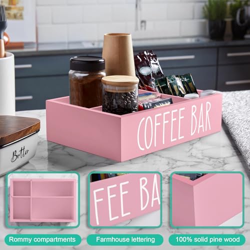 ALELION ALEION Coffee Station Organizer - Wood Countertop Accessories Organizer with Removable Dividers for Pods Condiment Syrup Tea Cups Stirrers - Pink Decor for Kitchen Coffee Bar - Image 5