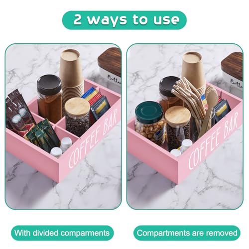 ALELION ALEION Coffee Station Organizer - Wood Countertop Accessories Organizer with Removable Dividers for Pods Condiment Syrup Tea Cups Stirrers - Pink Decor for Kitchen Coffee Bar - Image 2