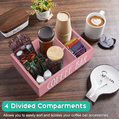 ALELION ALEION Coffee Station Organizer - Wood Countertop Accessories Organizer with Removable Dividers for Pods Condiment Syrup Tea Cups Stirrers - Pink Decor for Kitchen Coffee Bar - Image 4