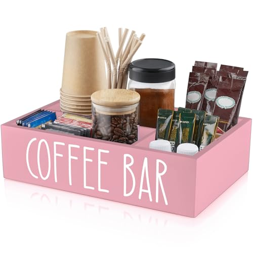 ALELION ALEION Coffee Station Organizer - Wood Countertop Accessories Organizer with Removable Dividers for Pods Condiment Syrup Tea Cups Stirrers - Pink Decor for Kitchen Coffee Bar - Image 1