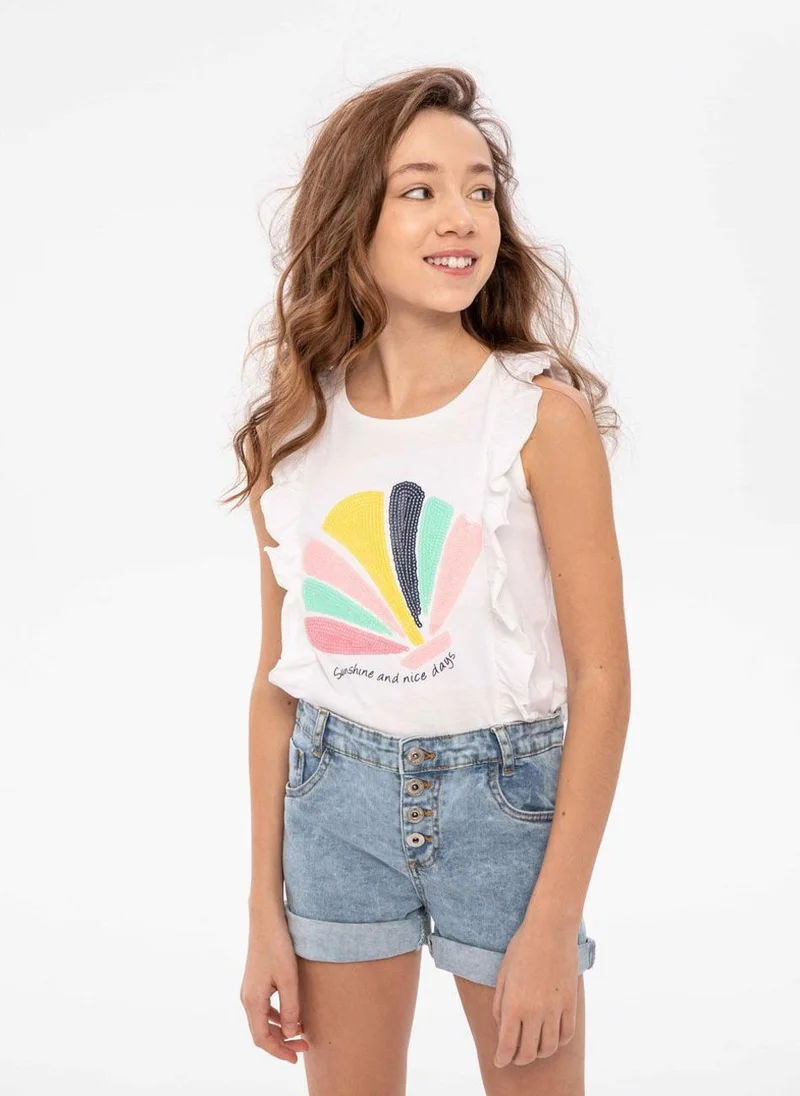 MINOTI Girls t-shirt with sequin seashell cream