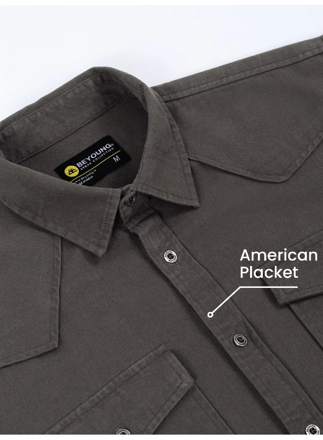 Beyoung Dark Grey Cotton Drill Urban Shirt