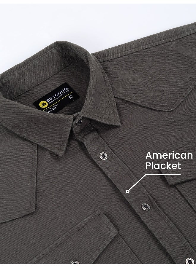 Beyoung Dark Grey Cotton Drill Urban Shirt  - Image 5