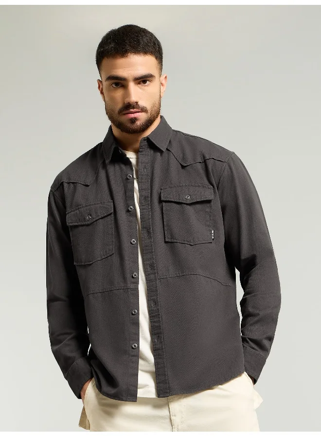 Beyoung Dark Grey Cotton Drill Urban Shirt