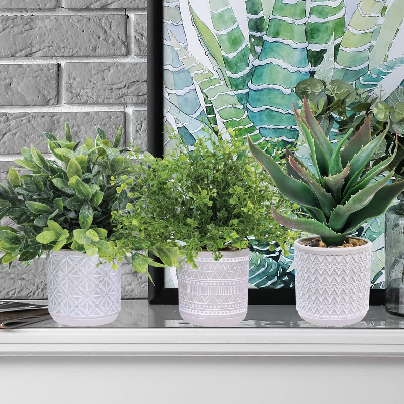 Winlyn Set of 3 Assorted Small Potted Plants Fake Eucalyptus Boxwood Plants and Aloe Succulent Plant in Gray Geometric Concrete Ceramic Pots for Gifts Home Kitchen Table Desk Indoor Outdoor Greenery Decor  - Image 5