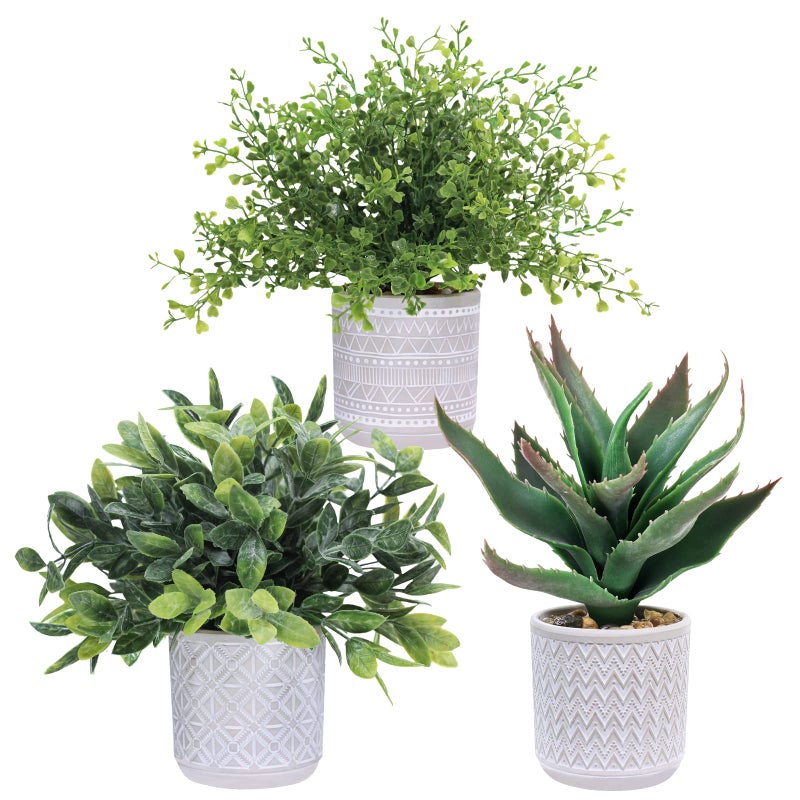 Winlyn Set of 3 Assorted Small Potted Plants Fake Eucalyptus Boxwood Plants and Aloe Succulent Plant in Gray Geometric Concrete Ceramic Pots for Gifts Home Kitchen Table Desk Indoor Outdoor Greenery Decor  - Image 1