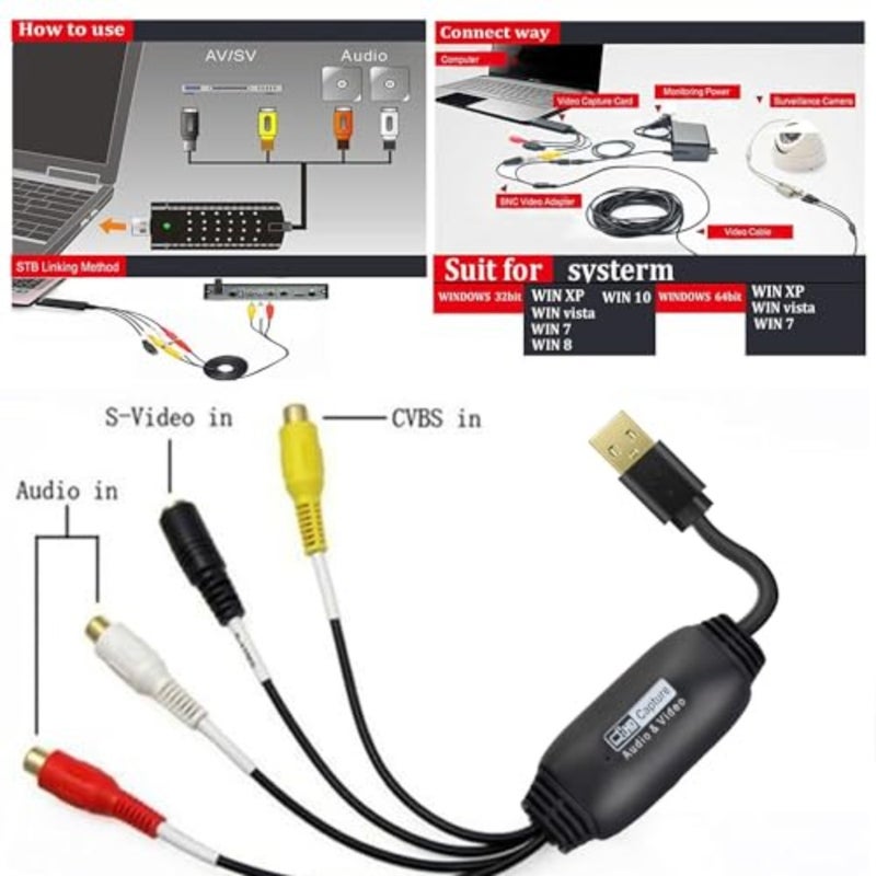 VHS إلى محول رقمي، بطاقة التقاط الفيديو USB 2.0 جهاز بطاقة التقاط الفيديو الصوتي القديم VHS Mini DV Hi8 DVD VCR إلى محول رقمي لنظام التشغيل Mac، يدعم الكمبيوتر الشخصي Windows 2000/10/ 8/7/ Vista/XP/Android - Image 4