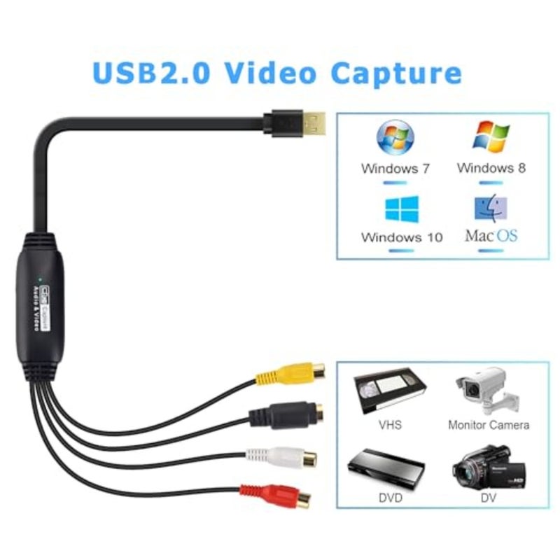 VHS إلى محول رقمي، بطاقة التقاط الفيديو USB 2.0 جهاز بطاقة التقاط الفيديو الصوتي القديم VHS Mini DV Hi8 DVD VCR إلى محول رقمي لنظام التشغيل Mac، يدعم الكمبيوتر الشخصي Windows 2000/10/ 8/7/ Vista/XP/Android - Image 3