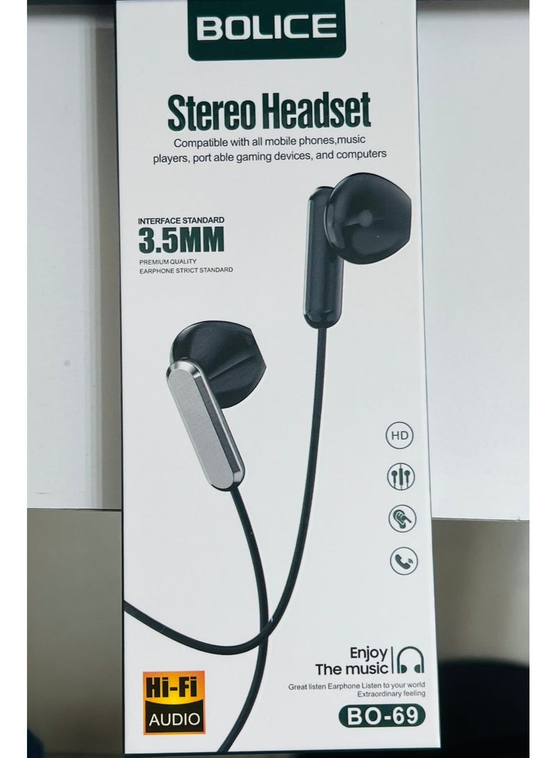 BOLICE BO-69 Stereo Wired Headset 3.5mm Audio Jack with Clear Sound & Comfortable Fit for Smartphones, Laptops and Tablets - Image 1