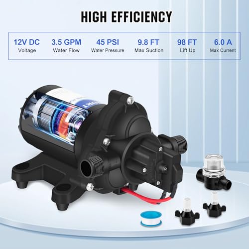 ECO-WORTHY RV Fresh Water Pump 12V DC 3.5GPM 45PSI with Pressure Switch, 12Volt Self Priming Water Pressure Diaphragm Pump On demand for RV Yacht Camper Sprayer Food Truck Black - Image 2
