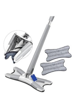 Wet Mop with 360°Rotating Head, Cleaning Floor Mop No Need to Wash Dust ,  With 2 Reusable Microfibre Mop Pads ,Hands-Free Wash Self Wringing Flat Mop, Manual Extrusion Household X-Type Cleaning Tools