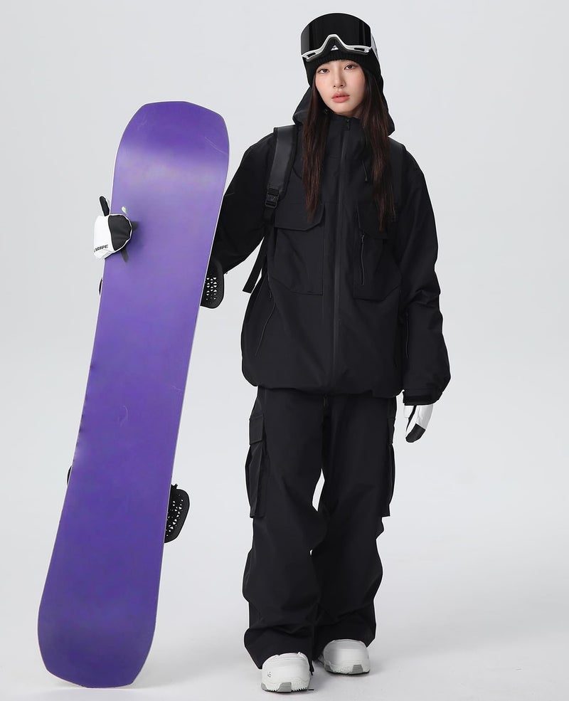 SnowElve Womens Ski Pants Mens Waterproof Insulated Baggy Snow Pants Loose Cargo Pants Snowboard Pants Winter Outdoor(K10-LW,BK,S) Black - Image 4