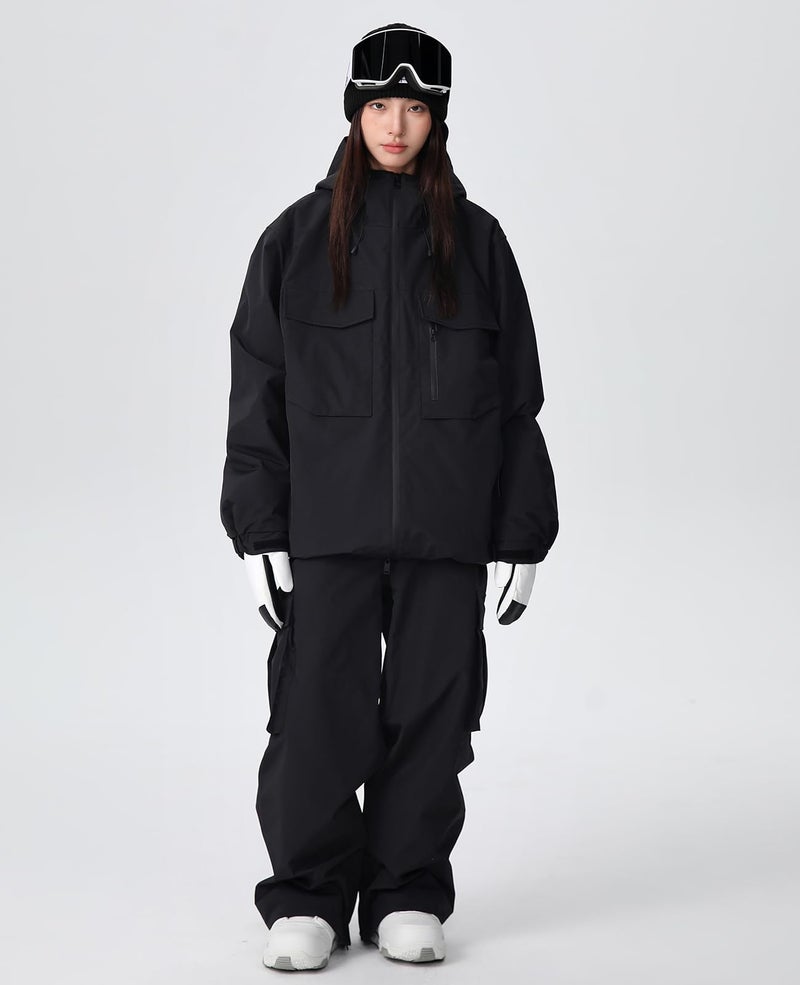 SnowElve Womens Ski Pants Mens Waterproof Insulated Baggy Snow Pants Loose Cargo Pants Snowboard Pants Winter Outdoor(K10-LW,BK,S) Black - Image 3