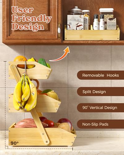 Sevenblue 3 Tier Large Bamboo Fruit Basket for Kitchen Counter with 2 Banana Holders, Kitchen Countertop Organizer with Protective Mats, Tiered Fruit Bowl for Bread Snack Veggies with Dividers - Image 2