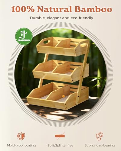 Sevenblue 3 Tier Large Bamboo Fruit Basket for Kitchen Counter with 2 Banana Holders, Kitchen Countertop Organizer with Protective Mats, Tiered Fruit Bowl for Bread Snack Veggies with Dividers - Image 3
