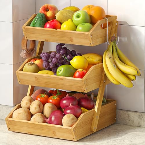 Sevenblue 3 Tier Large Bamboo Fruit Basket for Kitchen Counter with 2 Banana Holders, Kitchen Countertop Organizer with Protective Mats, Tiered Fruit Bowl for Bread Snack Veggies with Dividers - Image 1