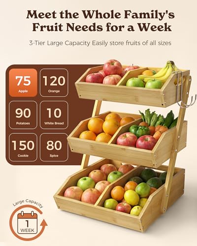 Sevenblue 3 Tier Large Bamboo Fruit Basket for Kitchen Counter with 2 Banana Holders, Kitchen Countertop Organizer with Protective Mats, Tiered Fruit Bowl for Bread Snack Veggies with Dividers - Image 4